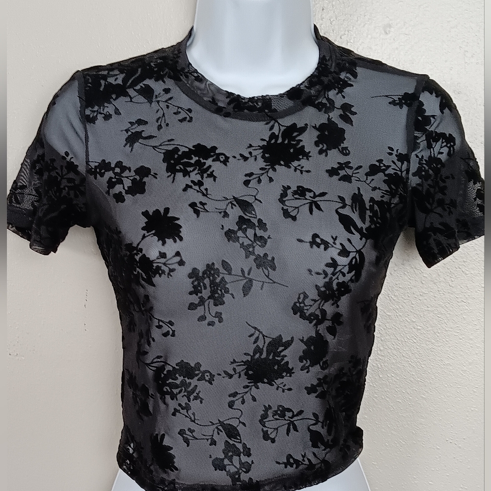 DAZY Black Floral Sheer Cropped Top Whimsgoth Dark Romantic Y2K Style Sz M